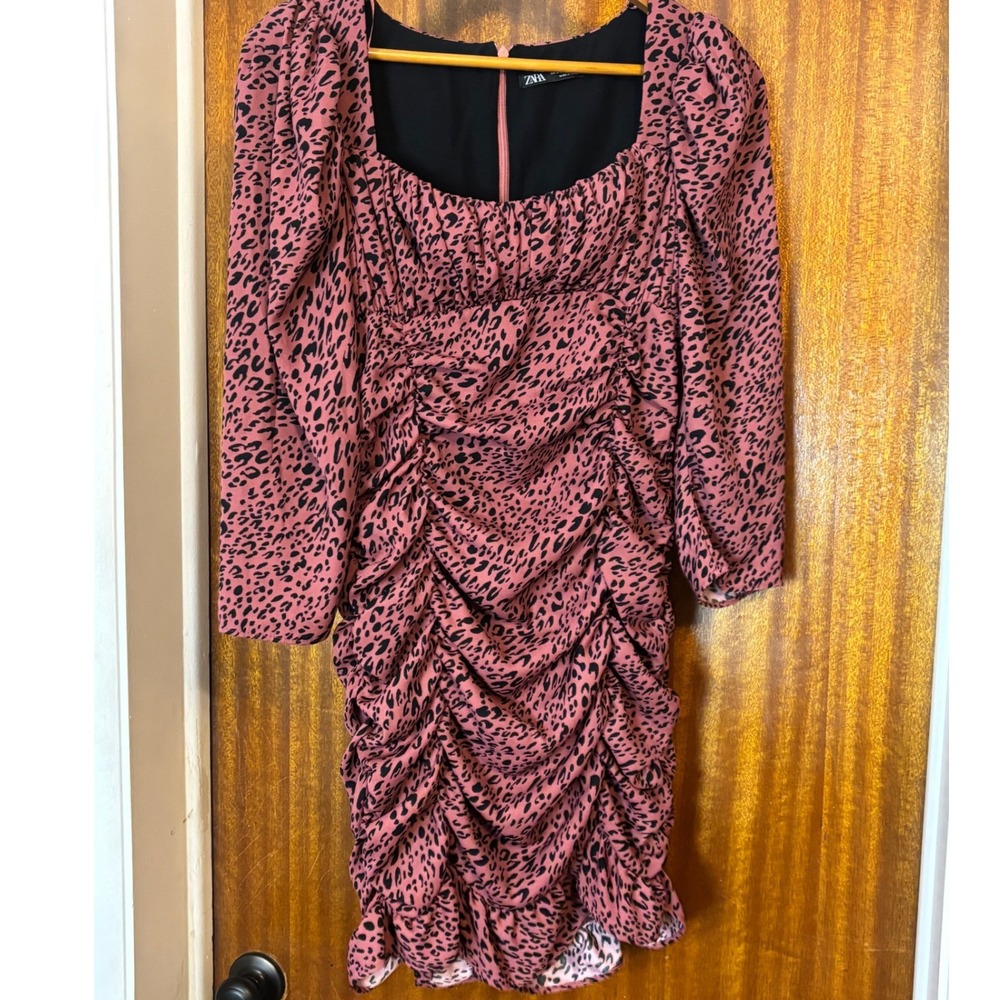 Zara Pink Leopard Print Ruched Mini Dress Square Neck Long Sleeve Womens Medium